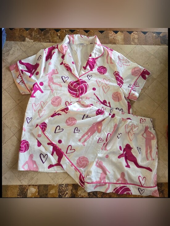 Sheshow Other - Women’s Pink Volleyball Print Short Pajama Set with Button-Front Top